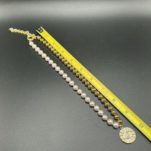 BOGO Free Jewelry..Eye Candy LA Gold Bead Faux Pearl Evil Eye Pendant Necklace - Picture 7 of 10